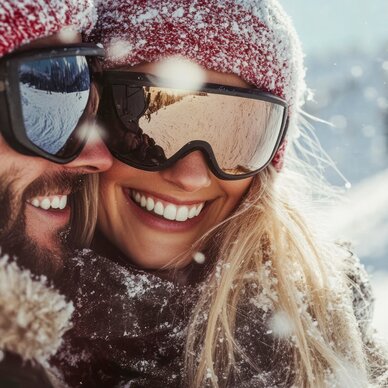 Lächelndes Paar mit Skibrillen im Schnee draußen