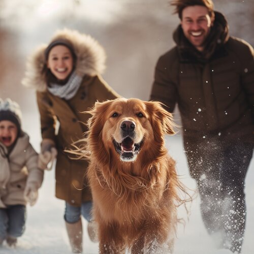 Golden Retriever läuft zur Kamera, Familie spielt im Schnee.