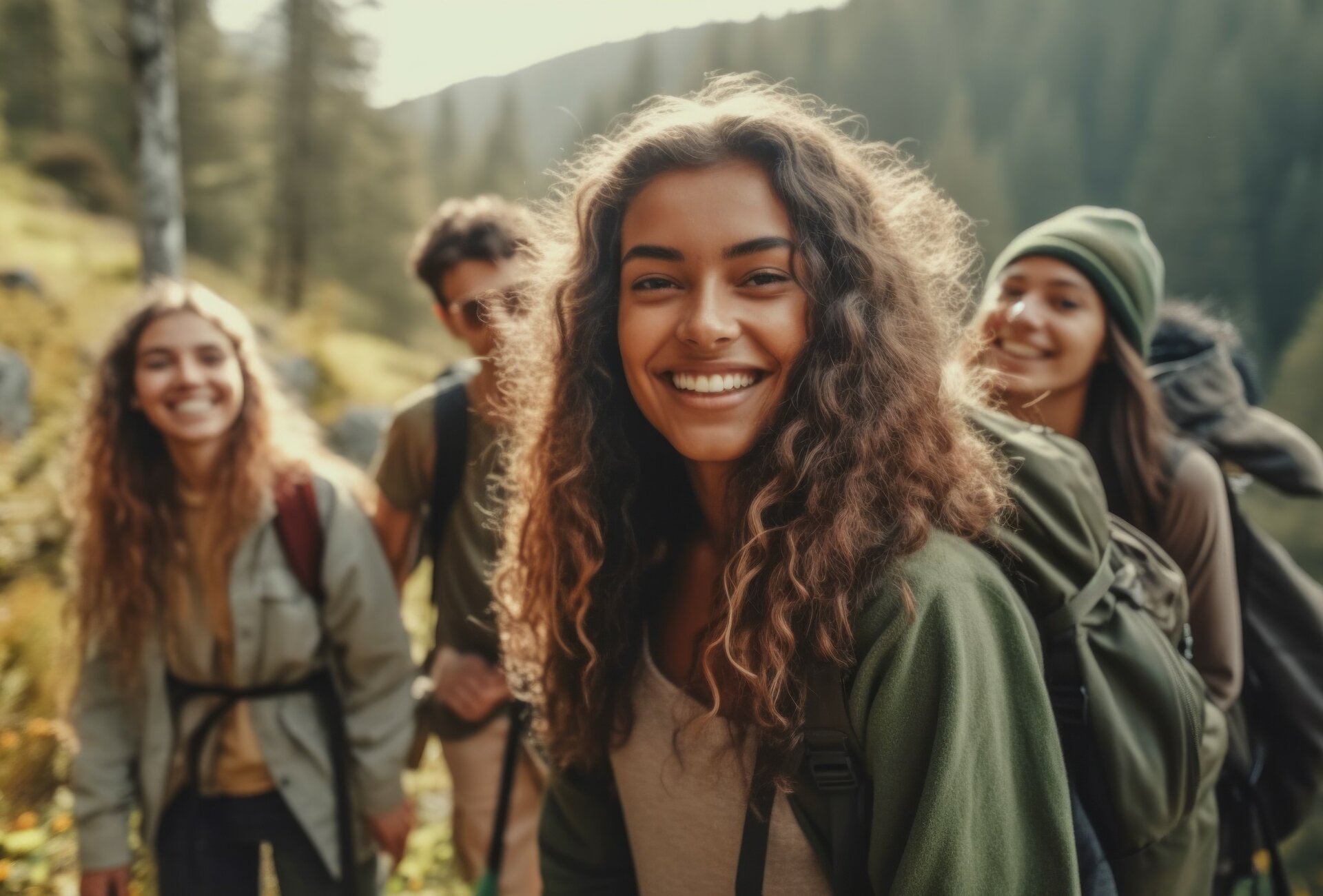 Smiling group of young hikers outdoors in a forest