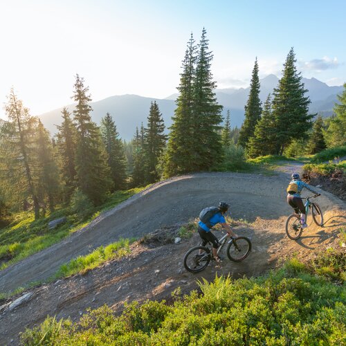 Two mountain bikers ride a dirt trail in a forested mountain landscape