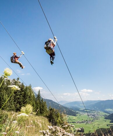 Group of people ziplining over a mountain valley