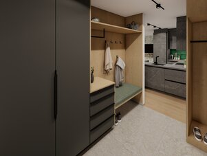 Mudroom with dark cabinets, wooden wall, hooks, and bench.