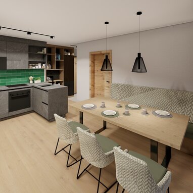 Modern kitchen with gray cabinetry, green tile backsplash, and dining area