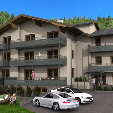 Modern alpine apartment building with wide balconies and cars