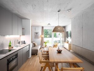 Open-plan living area with kitchen, dining table, and sofa
