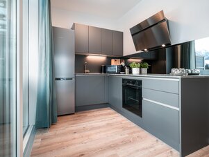 Modern gray kitchen with cabinets and stainless steel appliances.