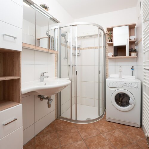 Modern bathroom with curved glass shower and washing machine